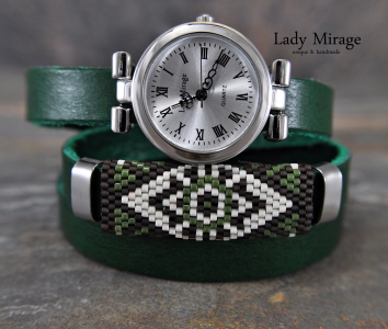 Ethno Style grüne Lederarmbanduhr - Wickeluhr - Silber - Miyuki - Handmade